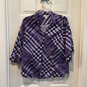 Dana Buchman Purple, Black, White and Beige Geometric Pattern Button Down Shirt